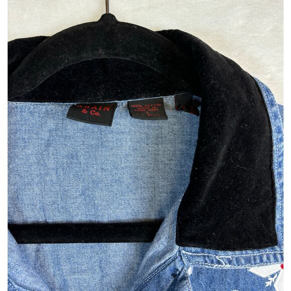 Vintage Blue Denim Snowman Shirt Shacket Embroidered Applique Large - Picture 2 of 6